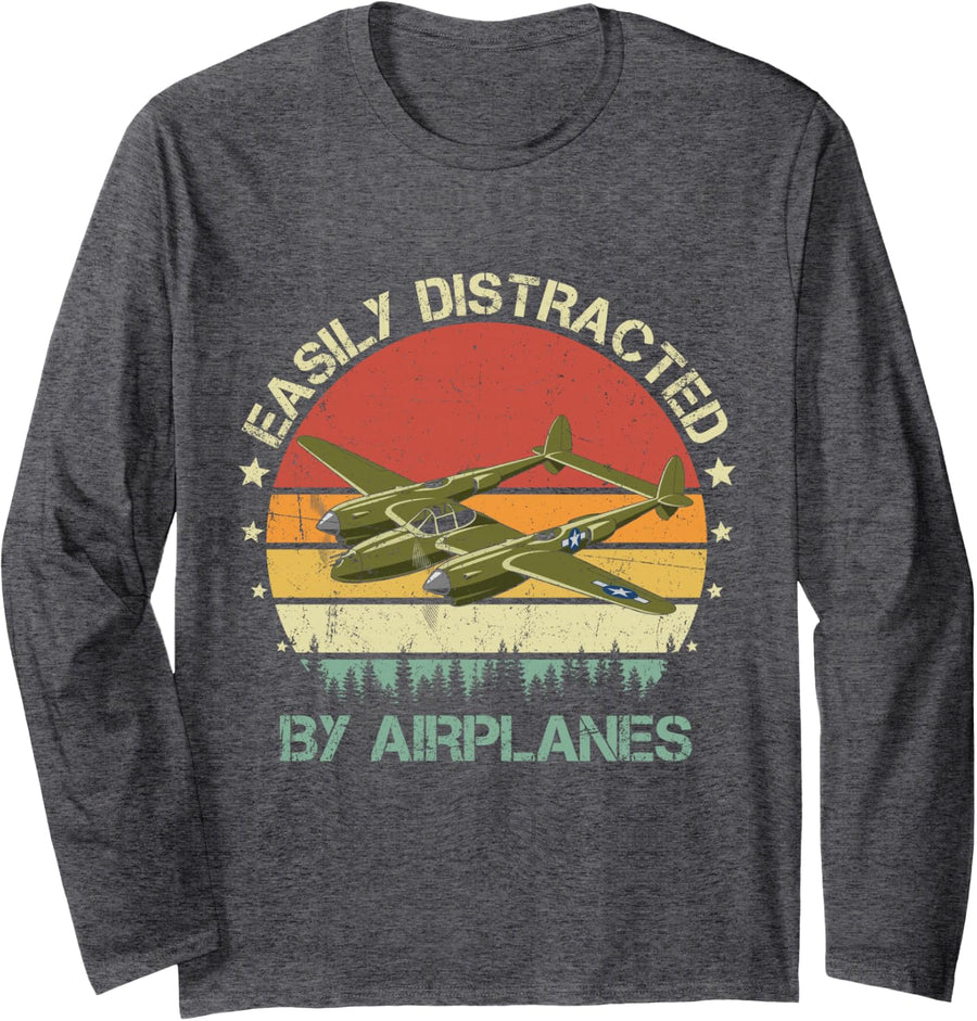 Easily Distracted By Airplanes Vintage Retro P-38 Lightning Long Sleeve T-Shirt - Adult Unisex Dark Heather Grey