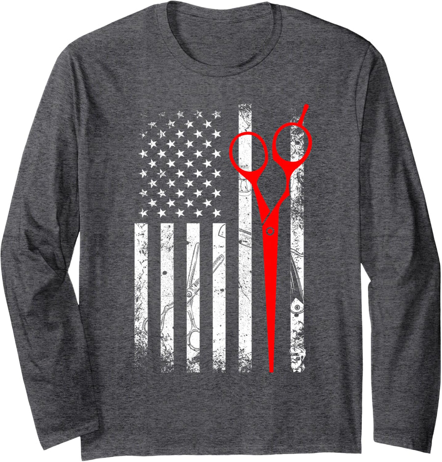 Barber American Flag Scissors Vintage Patriotic Hair Stylist Long Sleeve T-Shirt - Adult Unisex Dark Heather Grey