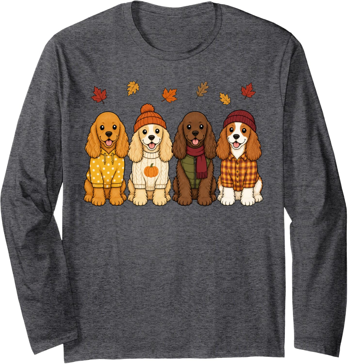 Cocker Spaniel Fall Autumn Season Pumpkin Dog Long Sleeve T-Shirt - Adult Unisex Dark Heather Grey