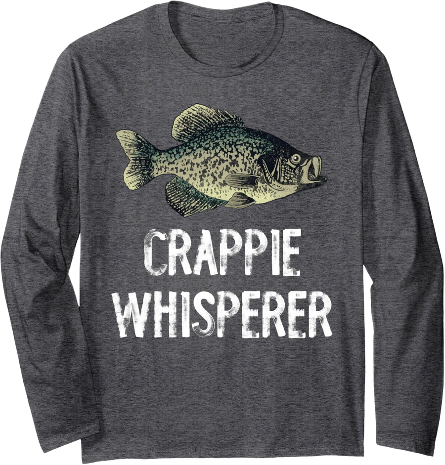 Crappie Whisperer Fishing Long Sleeve T-Shirt - Adult Unisex Dark Heather Grey