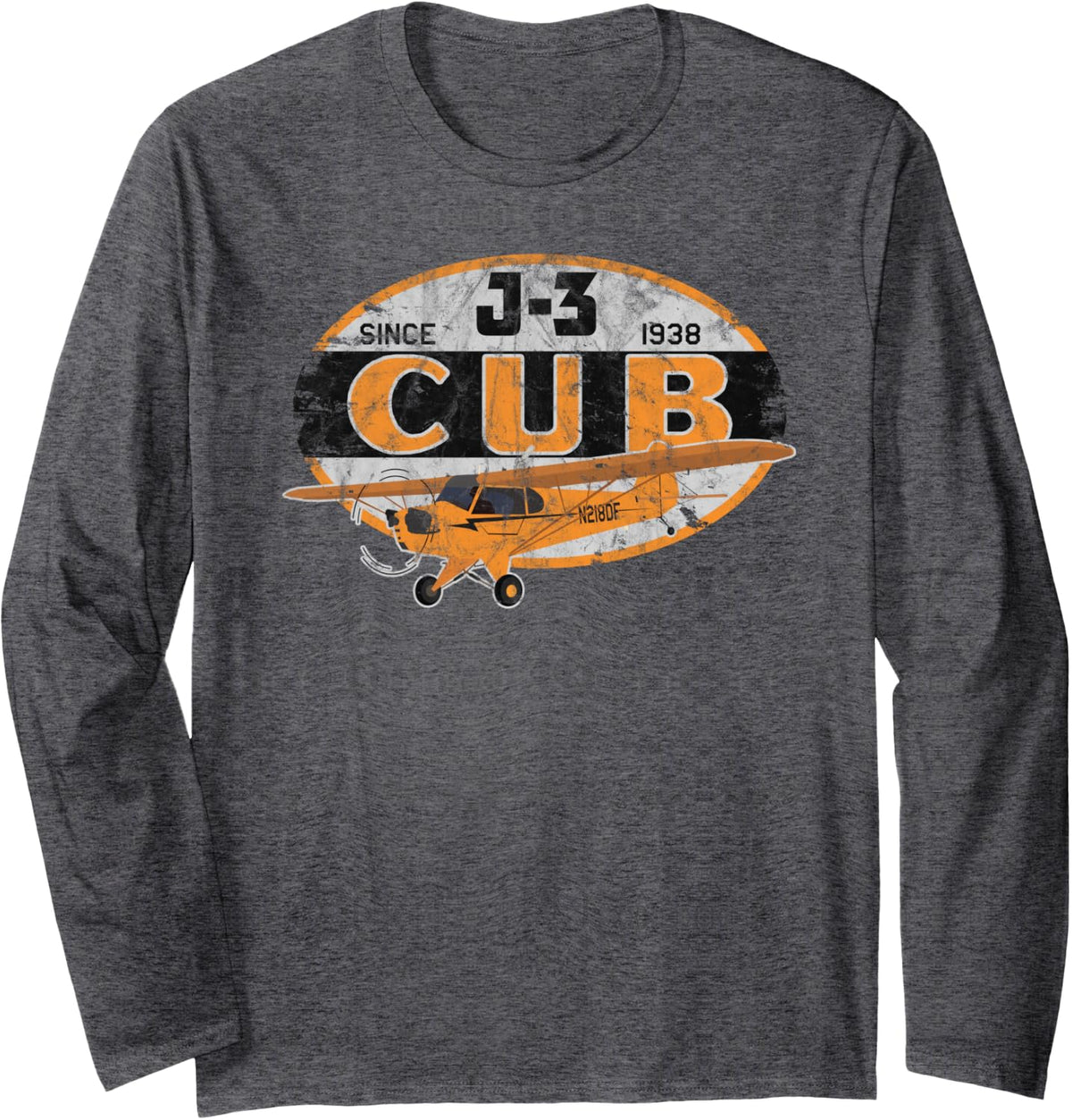 J-3 Cub "Since 1938" Classic Airplane Vintage Pilot Long Sleeve T-Shirt - Adult Unisex Dark Heather Grey