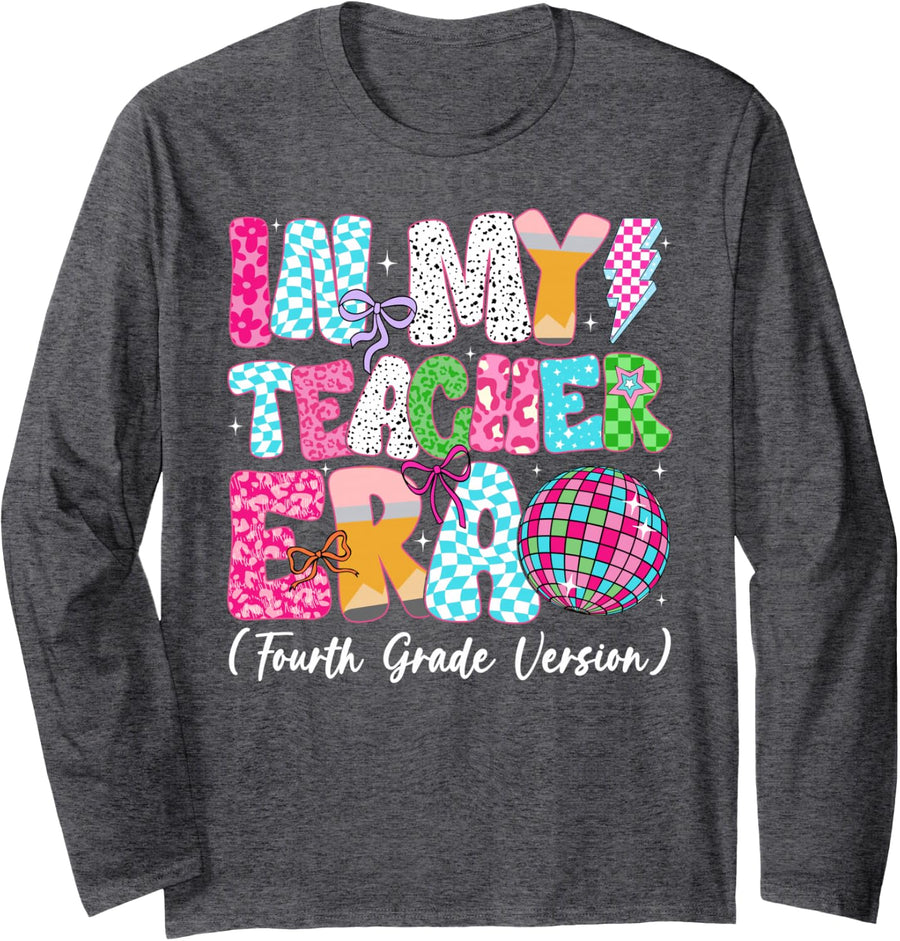 in My Teacher Era Fourth Grade Version Groovy Teacher Long Sleeve T-Shirt - Adult Unisex Dark Heather Grey