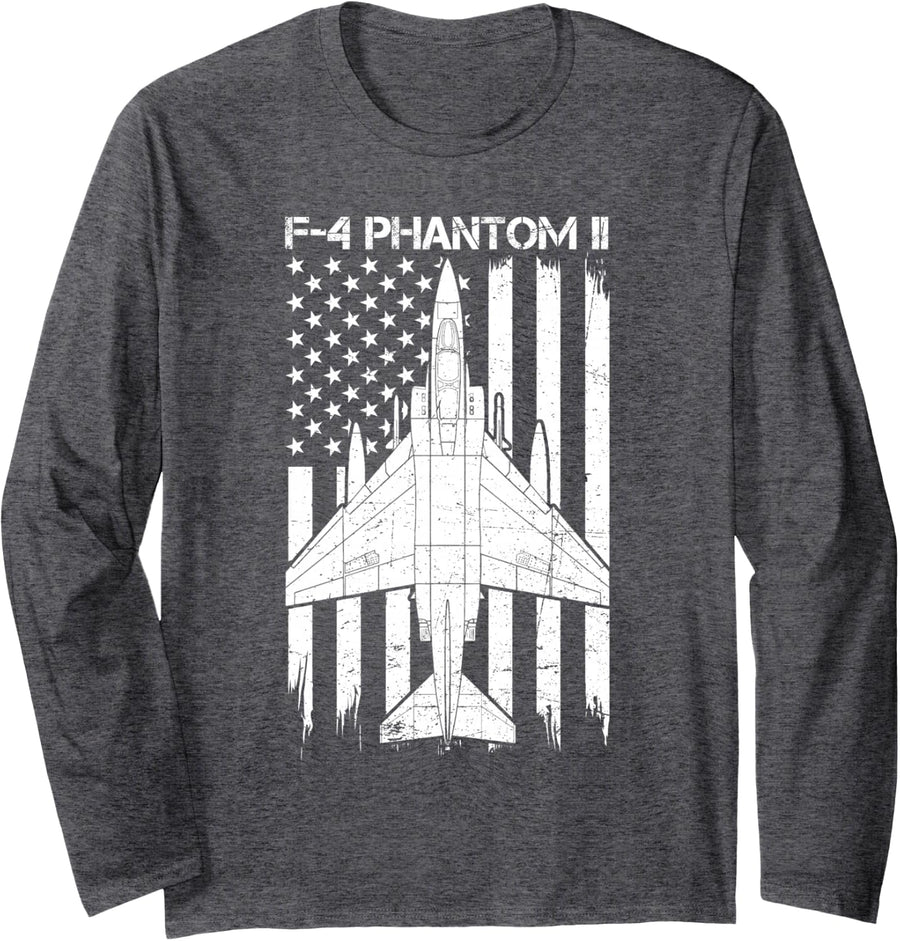 Patriotic F-4 Phantom II Fighter Jet Flag US Military Long Sleeve T-Shirt - Adult Unisex Dark Heather Grey