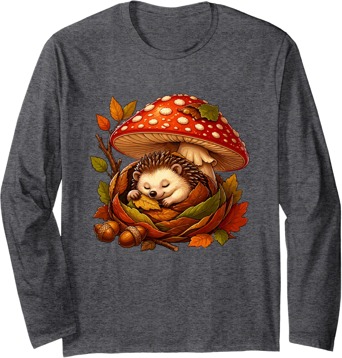 Sleeping Hedgehog Under Autumn Mushroom Leaves Long Sleeve T-Shirt - Adult Unisex Dark Heather Grey
