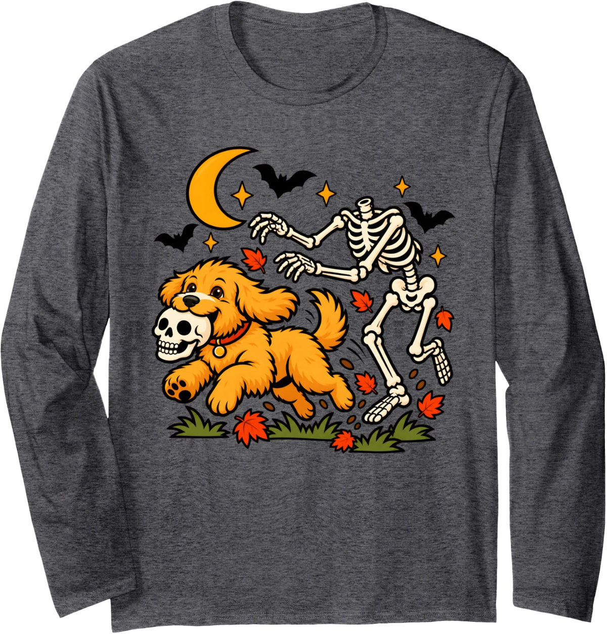 Goldendoodle Dog Stealing Skull from Skeleton Halloween Long Sleeve T-Shirt - Adult Unisex Dark Heather Grey