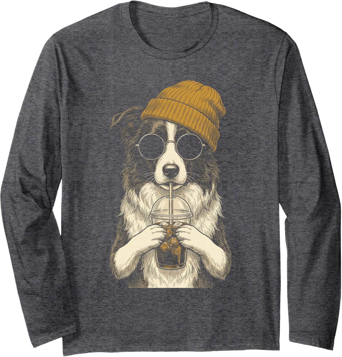 Border Collie Drinking Iced Coffee Funny Hipster Long Sleeve T-Shirt - Adult Unisex Dark Heather Grey
