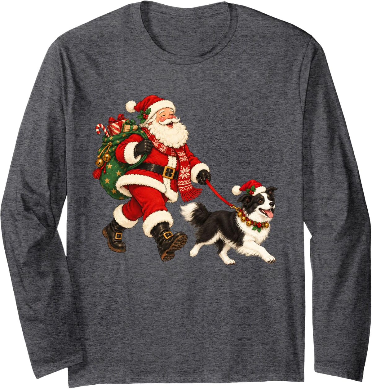 Border Collie Christmas Dog Walking with Santa Holiday Dog Long Sleeve T-Shirt - Adult Unisex Dark Heather Grey