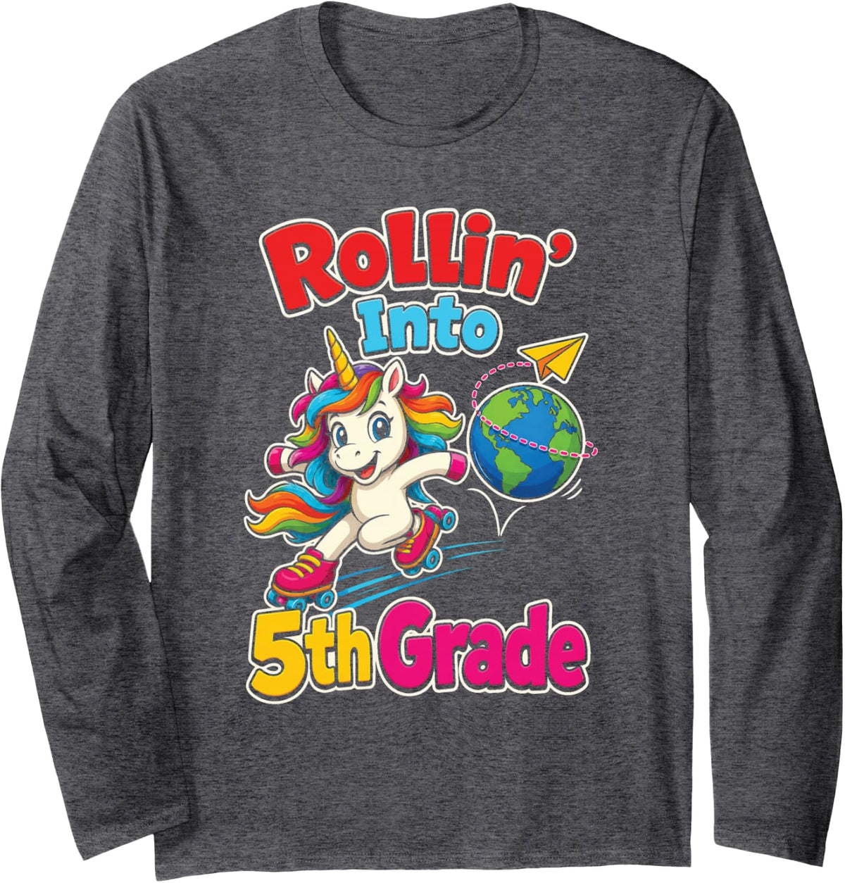 5th Grade Unicorn Rollin' Into Fifth Grade Long Sleeve T-Shirt - Adult Unisex Dark Heather Grey