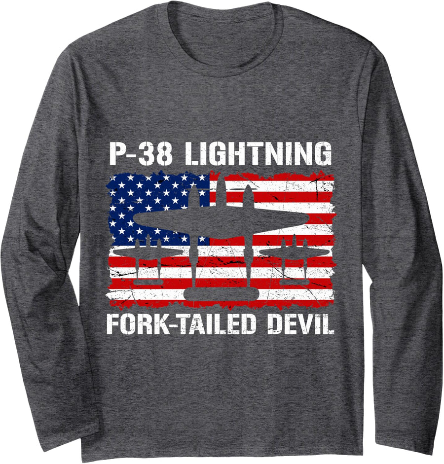 P-38 Lightning WW2 Aircraft Flag USA Fork-Tailed Devil Long Sleeve T-Shirt - Adult Unisex Dark Heather Grey