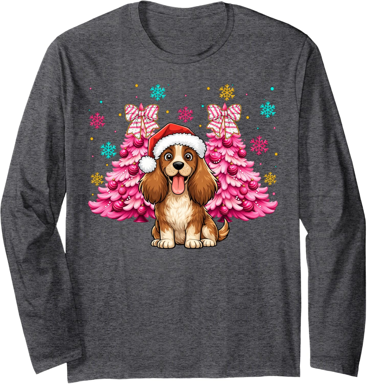 Santa Hat Cocker Spaniel Christmas Puppy Dog Xmas Boys Girls Long Sleeve T-Shirt - Adult Unisex Dark Heather Grey
