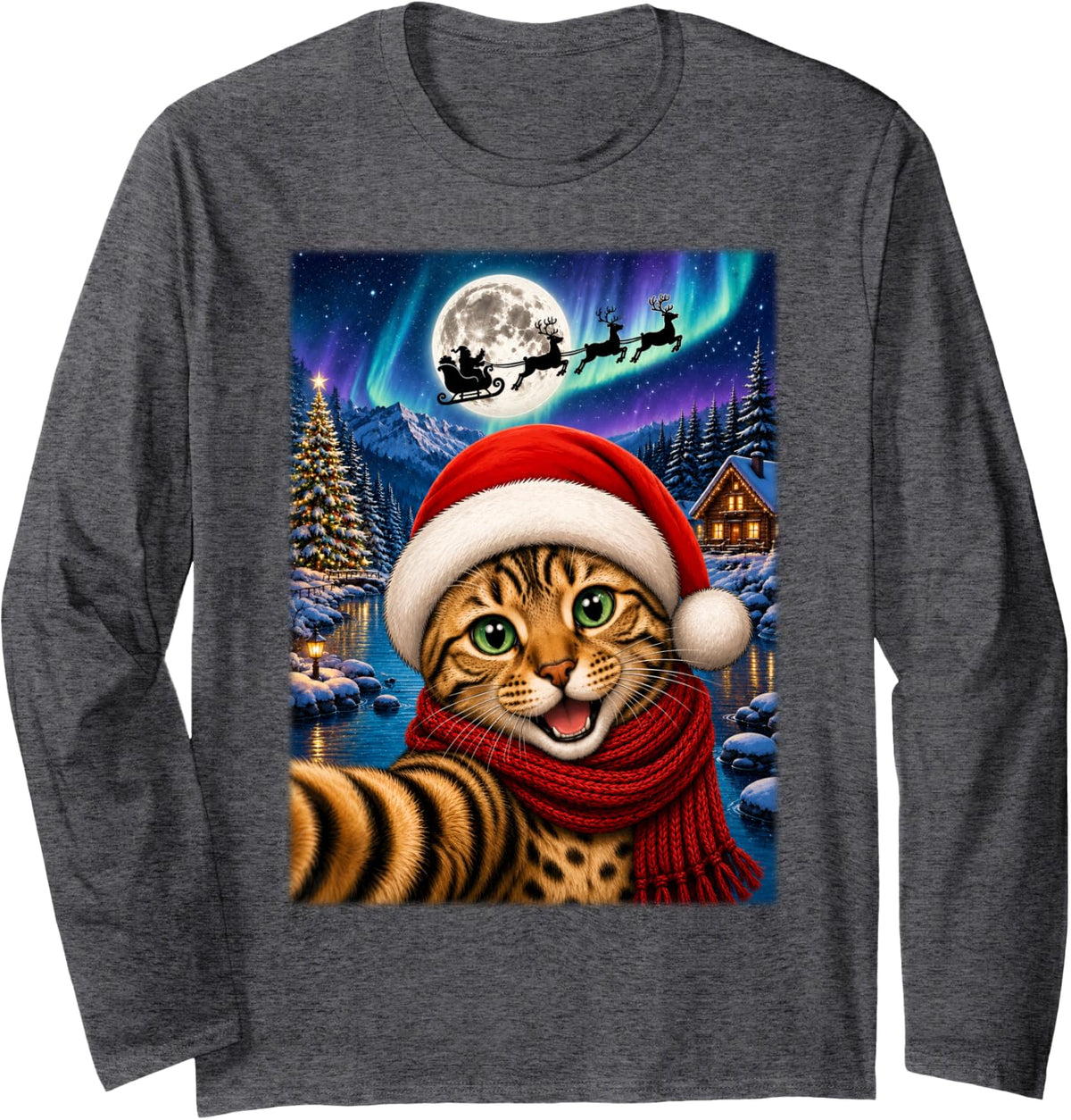 Bengal Cat Christmas Selfie Moon Night Santa Sleigh Xmas Long Sleeve T-Shirt - Adult Unisex Dark Heather Grey