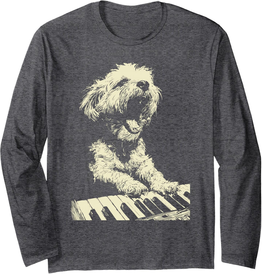 Funny Maltese Playing Piano Musician Dog Pianist Graphic Long Sleeve T-Shirt - Adult Unisex Dark Heather Grey
