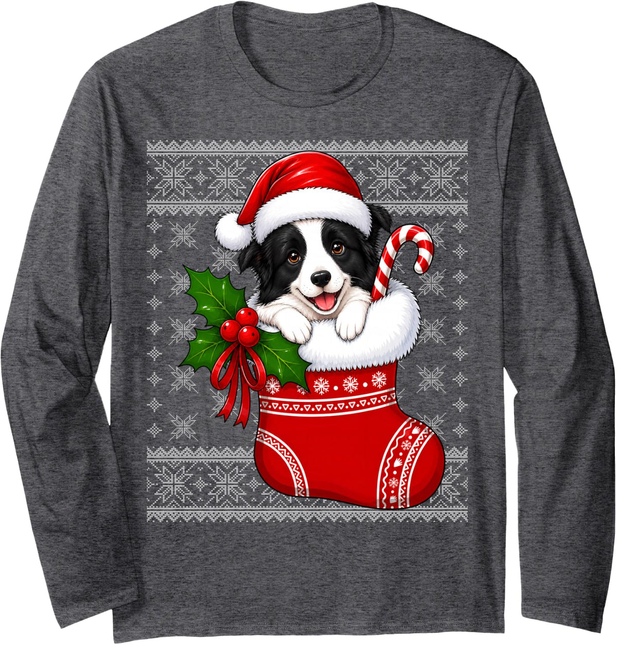 Border Collie Dog Christmas Stocking Cute Festive Ugly Xmas Long Sleeve T-Shirt - Adult Unisex Dark Heather Grey