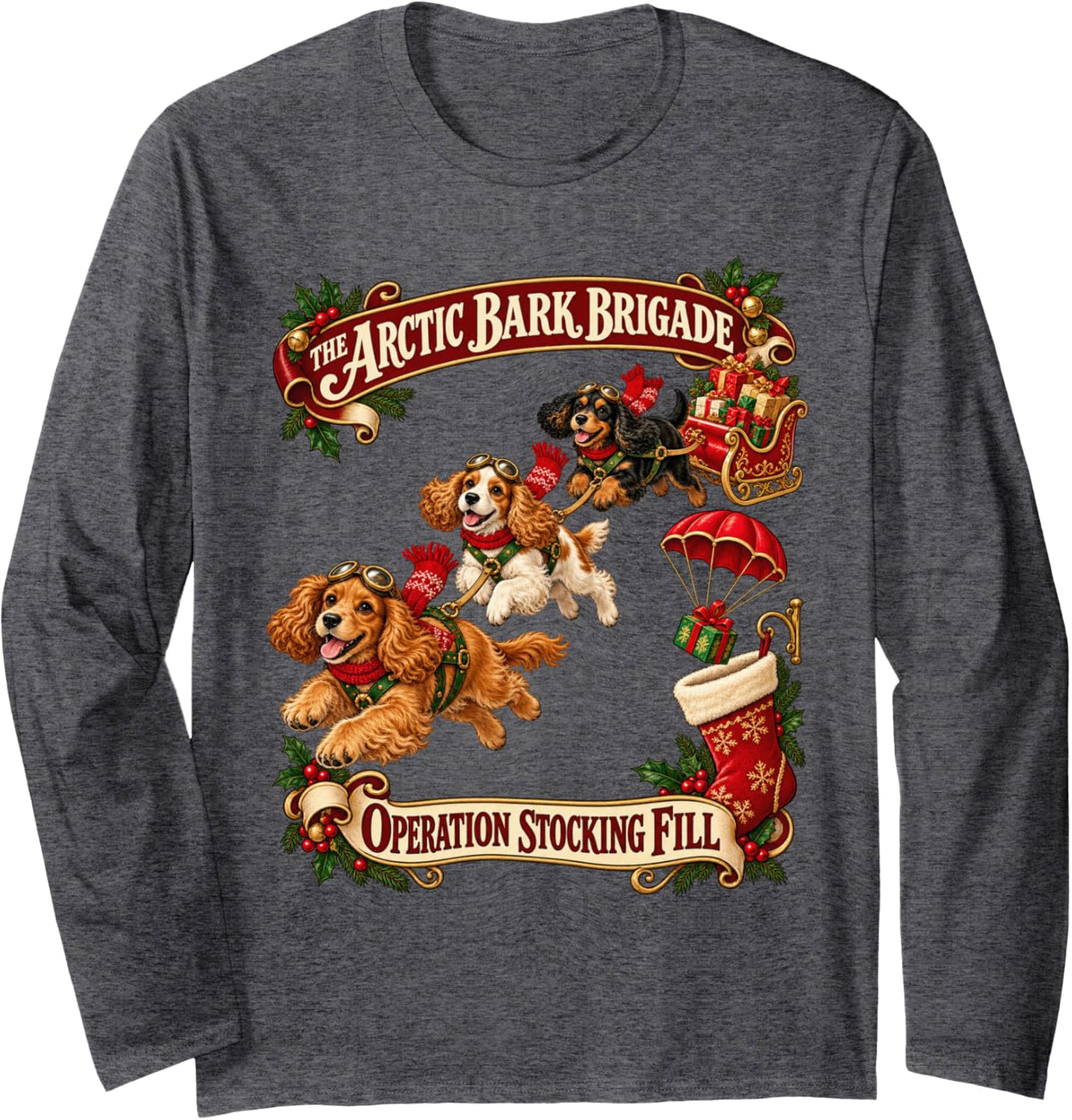 Cute Cocker Spaniel Dog Christmas Arctic Sleigh Adventure Long Sleeve T-Shirt - Adult Unisex Dark Heather Grey