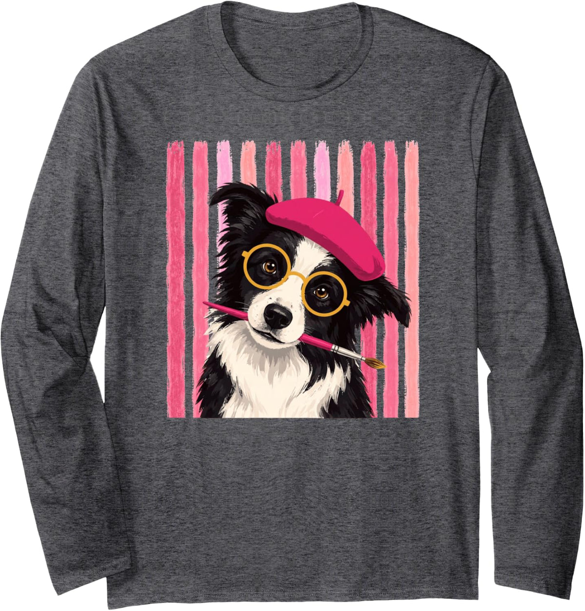 Cute Border Collie Dog Art Lover Mom Teacher Long Sleeve T-Shirt - Adult Unisex Dark Heather Grey
