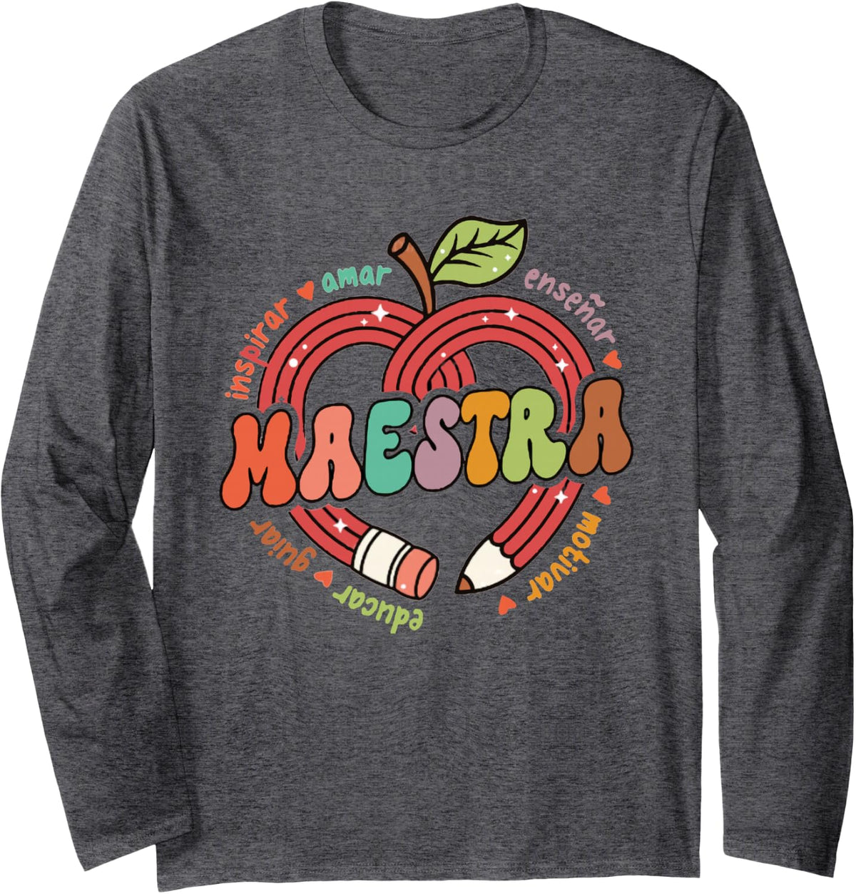 Retro Maestra Bilingue Cute Pencil Apple Spanish Teacher Long Sleeve T-Shirt - Adult Unisex Dark Heather Grey
