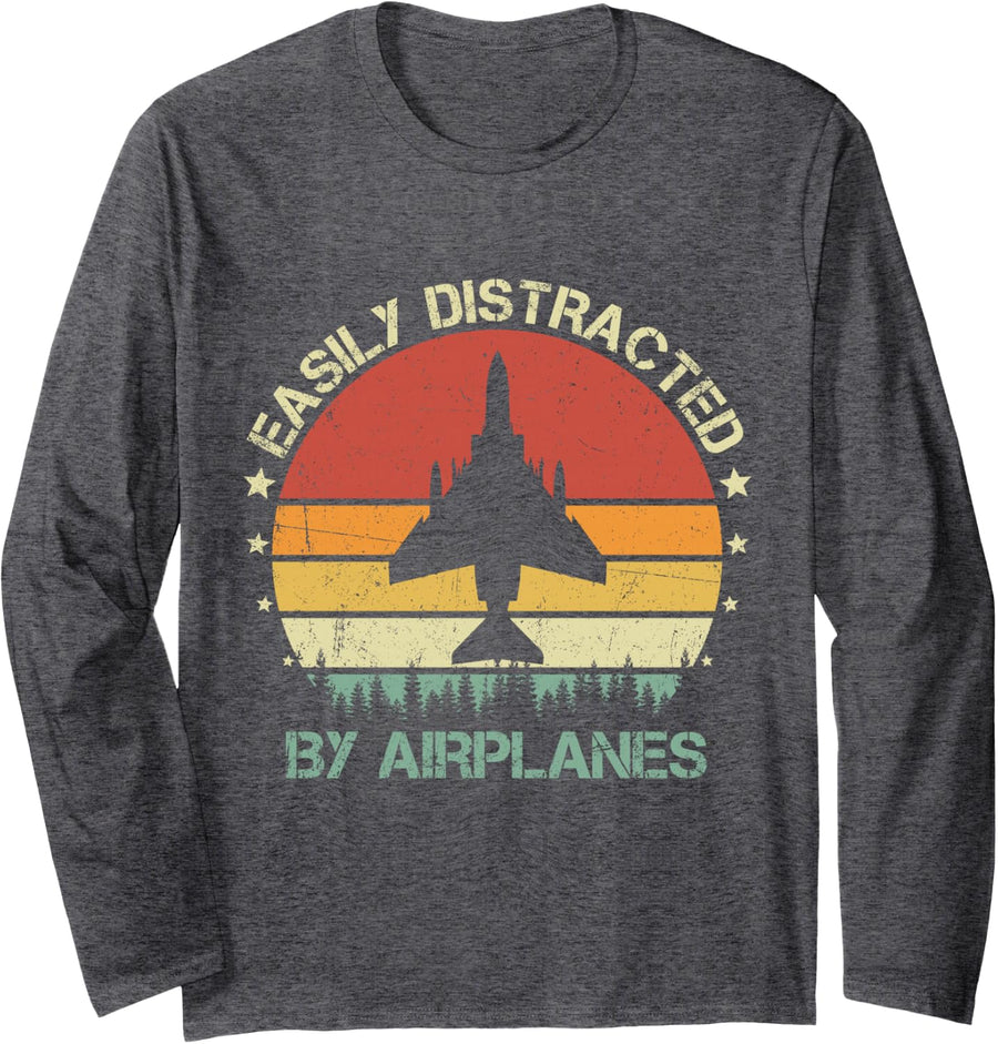Easily Distracted By Airplanes Retro Vintage F-4 Phantom II Long Sleeve T-Shirt - Adult Unisex Dark Heather Grey