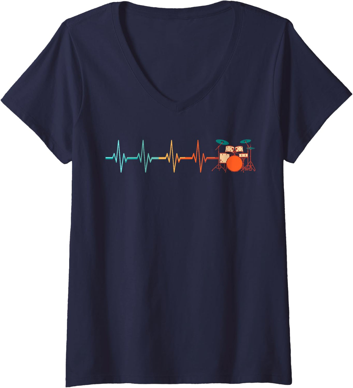 Women's Vintage Heartbeat Drummer Drum Set Drums Musician Music Band V-Neck T-Shirt - Navy Blue