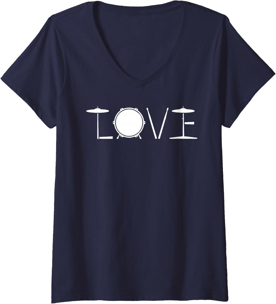 Women's Love Drumming Play Drums Drummer Musician Rock Music Band V-Neck T-Shirt - Navy Blue