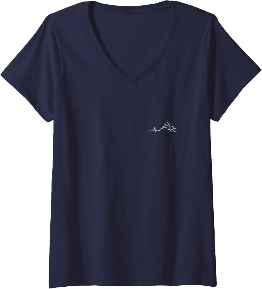 Women's Bull Riding Heartbeat Minimalist Rodeo Design V-Neck T-Shirt - Navy Blue