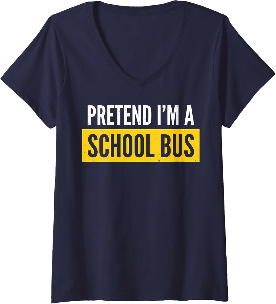 Women's Pretend I'm A School Bus Lazy Halloween Costume V-Neck T-Shirt - Navy Blue