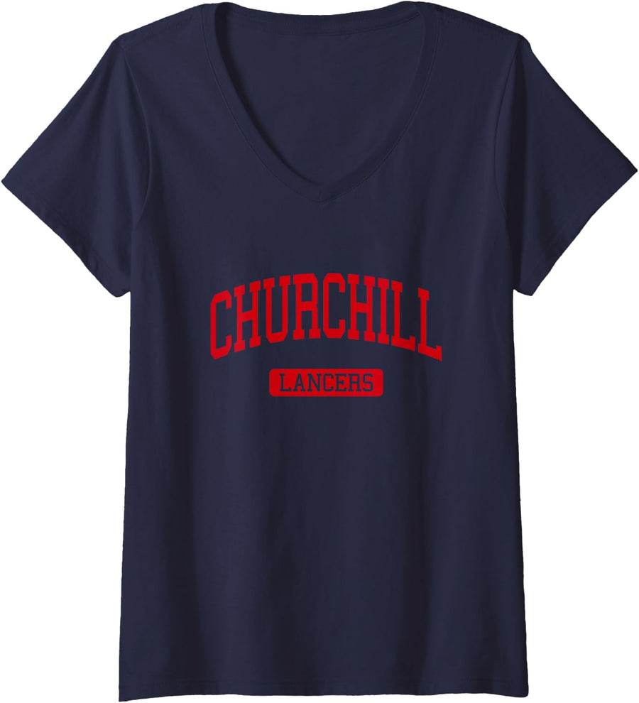 Women's Churchill High School HS Eugene OR Varsity Sports V-Neck T-Shirt - Navy Blue