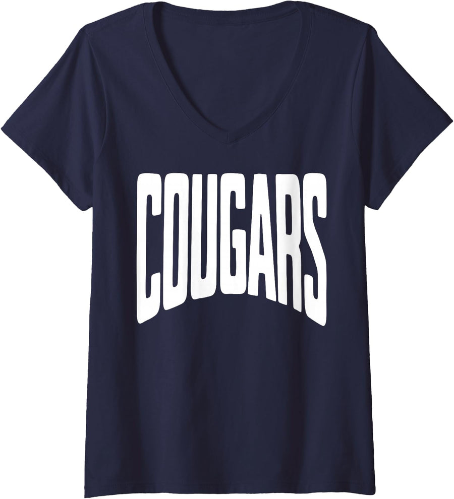 Women's Cougars Team Mascot School Spirit Game Night Varsity Cougars V-Neck T-Shirt - Navy Blue