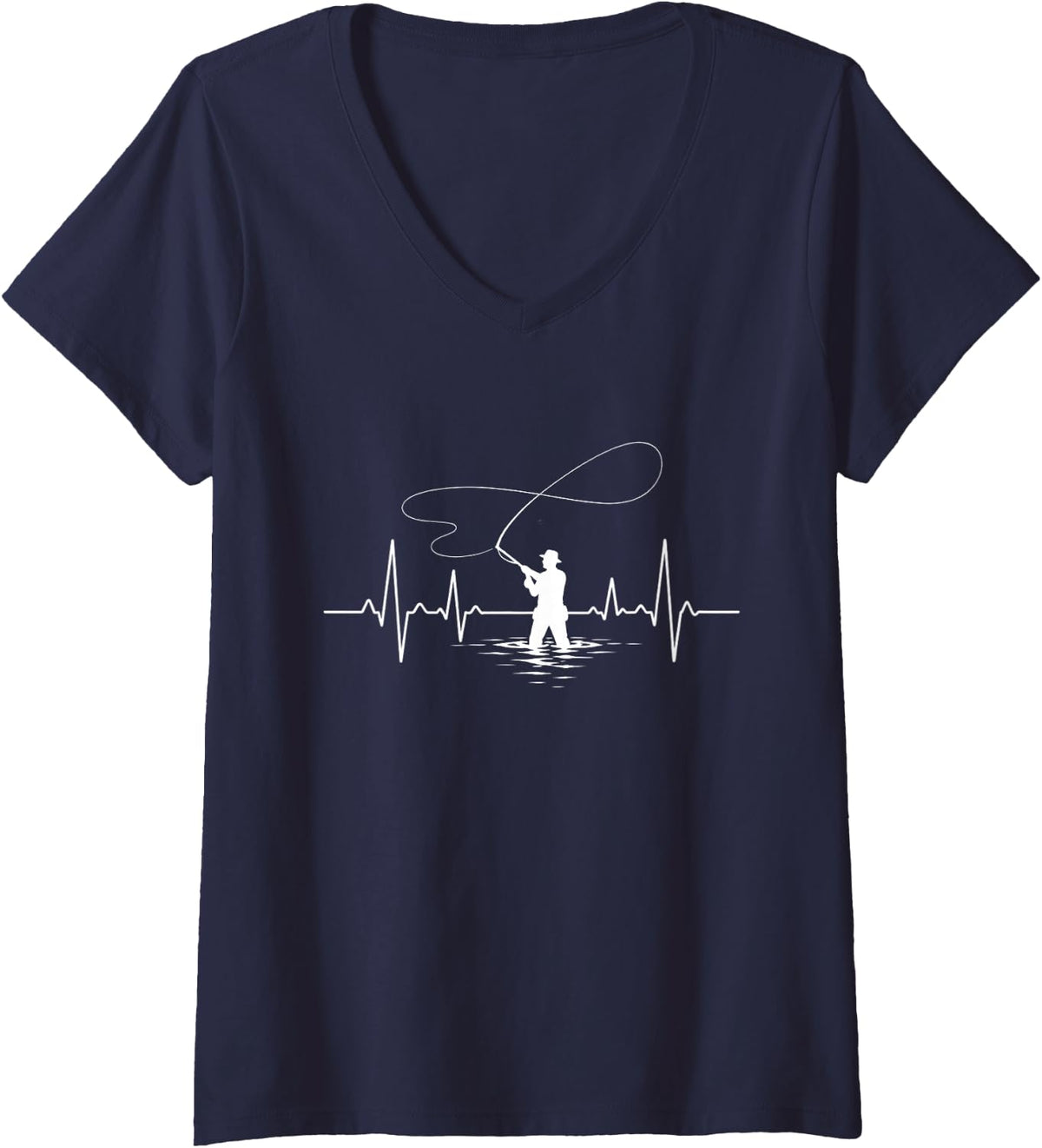 Women's Fly Fishing Lovers Line Art Fishing Rod Fly Rod Fishing Fish V-Neck T-Shirt - Navy Blue