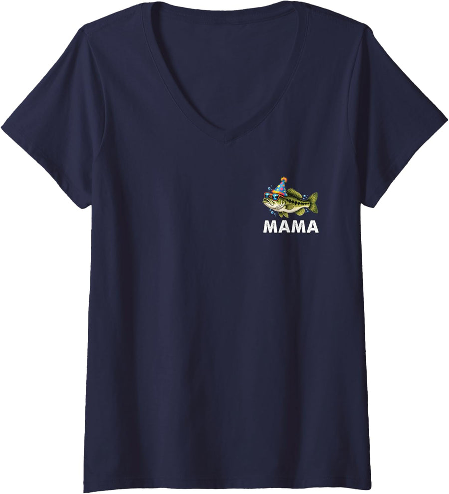 Women's Mama Bass Birthday Freshwater Fish Party Fishing Bday V-Neck T-Shirt - Navy Blue