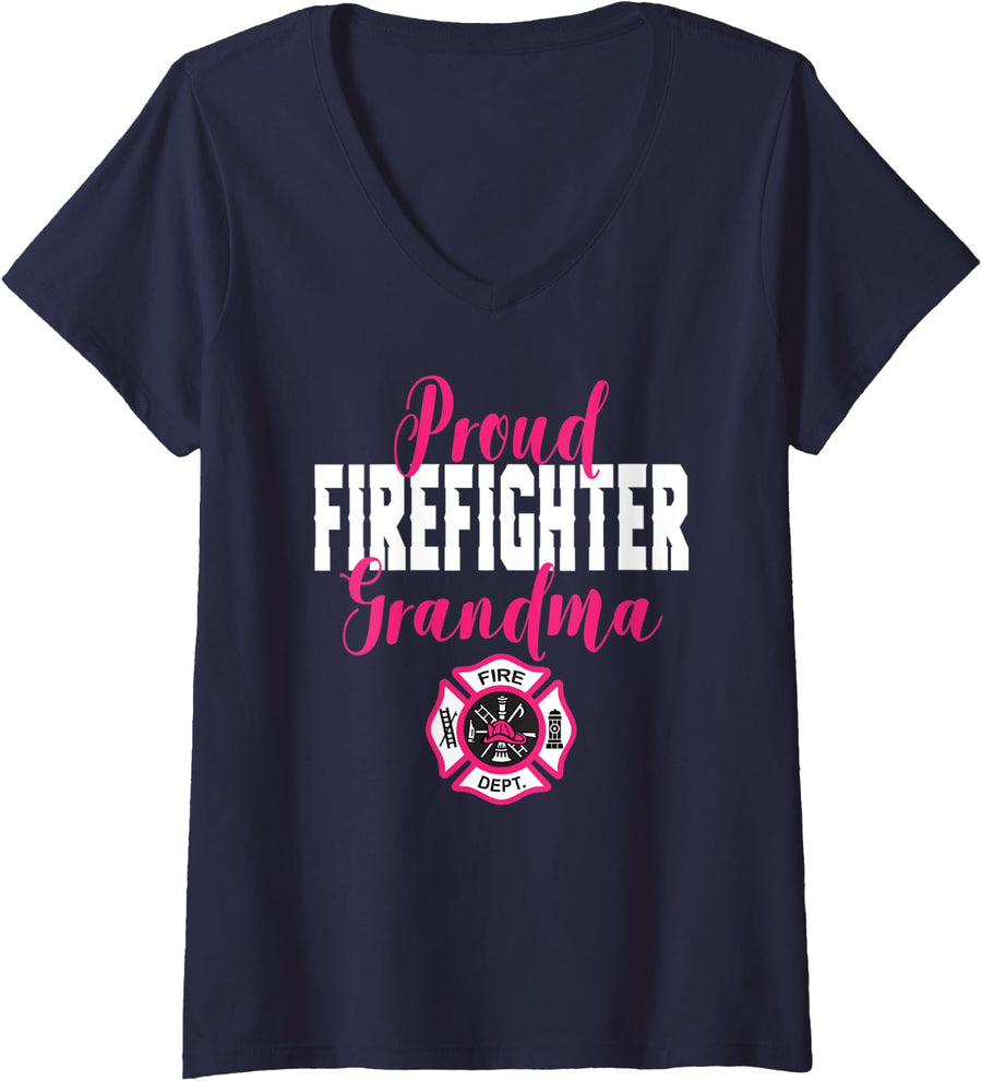 Womens Proud Firefighter Grandma Support Red Line Hero Fireman V-Neck T-Shirt - Navy Blue