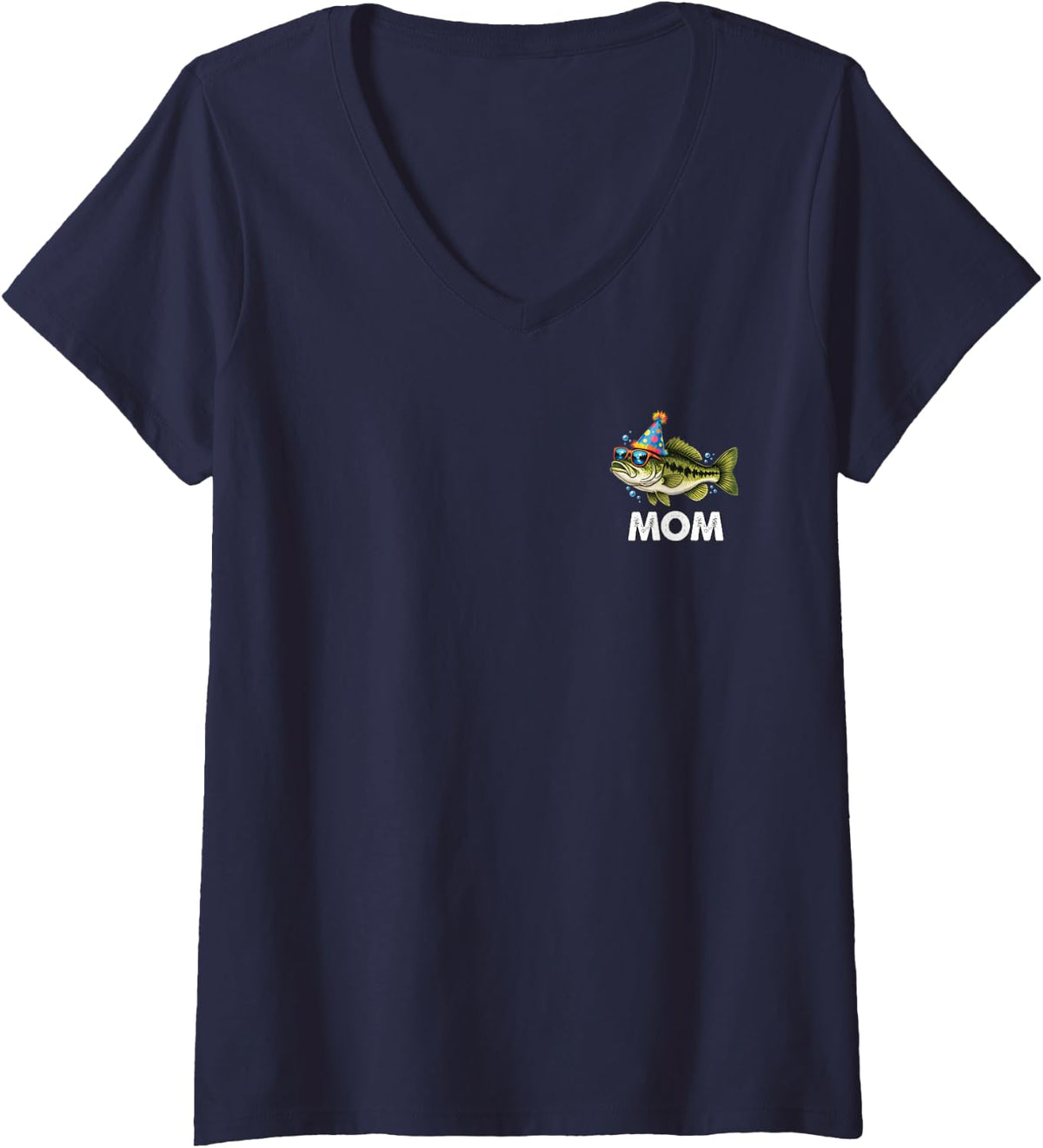 Women's Mom Bass Birthday Freshwater Fish Party Fishing Bday V-Neck T-Shirt - Navy Blue
