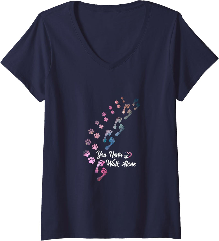 Womens You Never Walk Alone Dog Lover Dog Walking Dog Friend V-Neck T-Shirt - Navy Blue