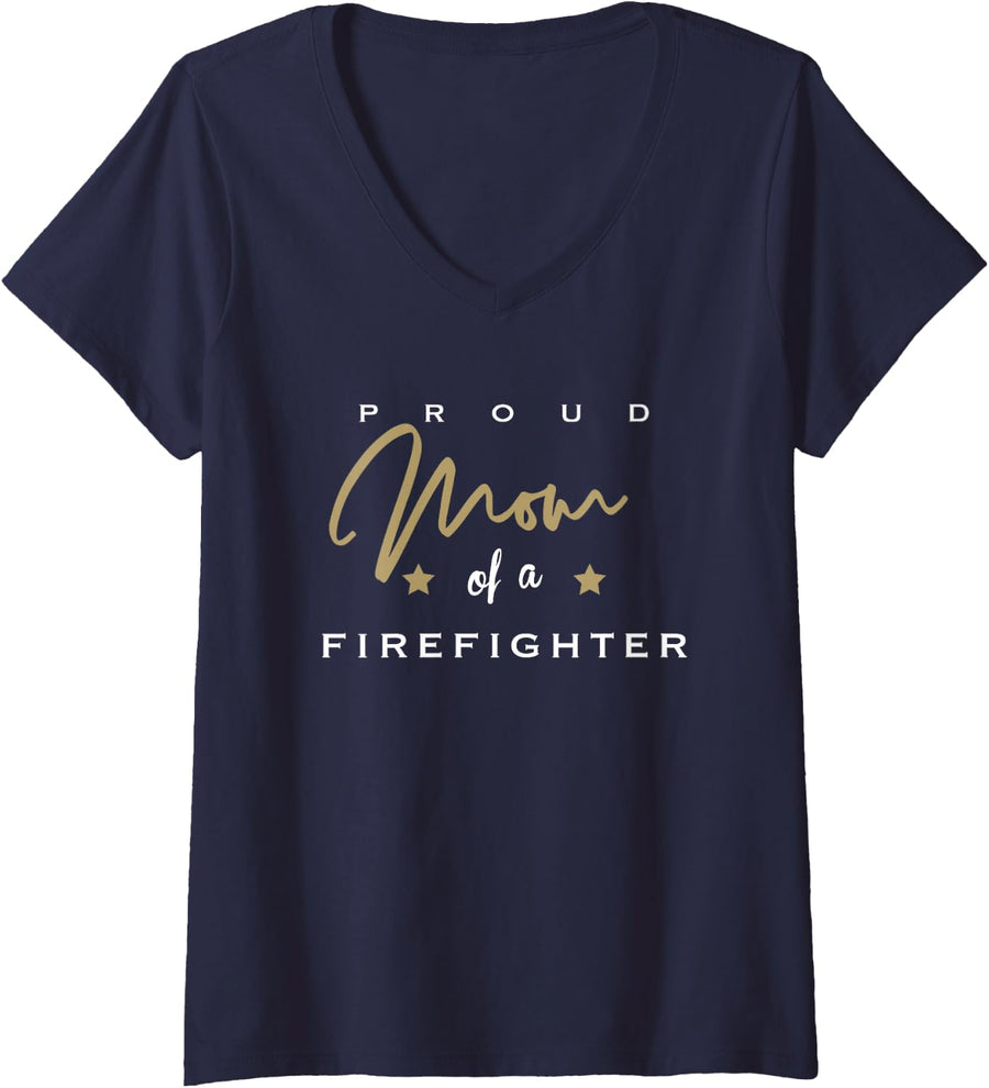 Womens Proud Mom of a Firefighter V-Neck T-Shirt - Navy Blue