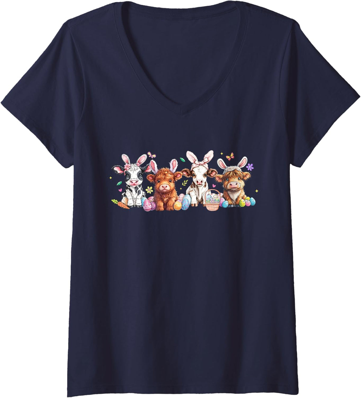 Women's Happy Easter Day Highland Cow Easter Egg Easter Retro V-Neck T-Shirt - Navy Blue