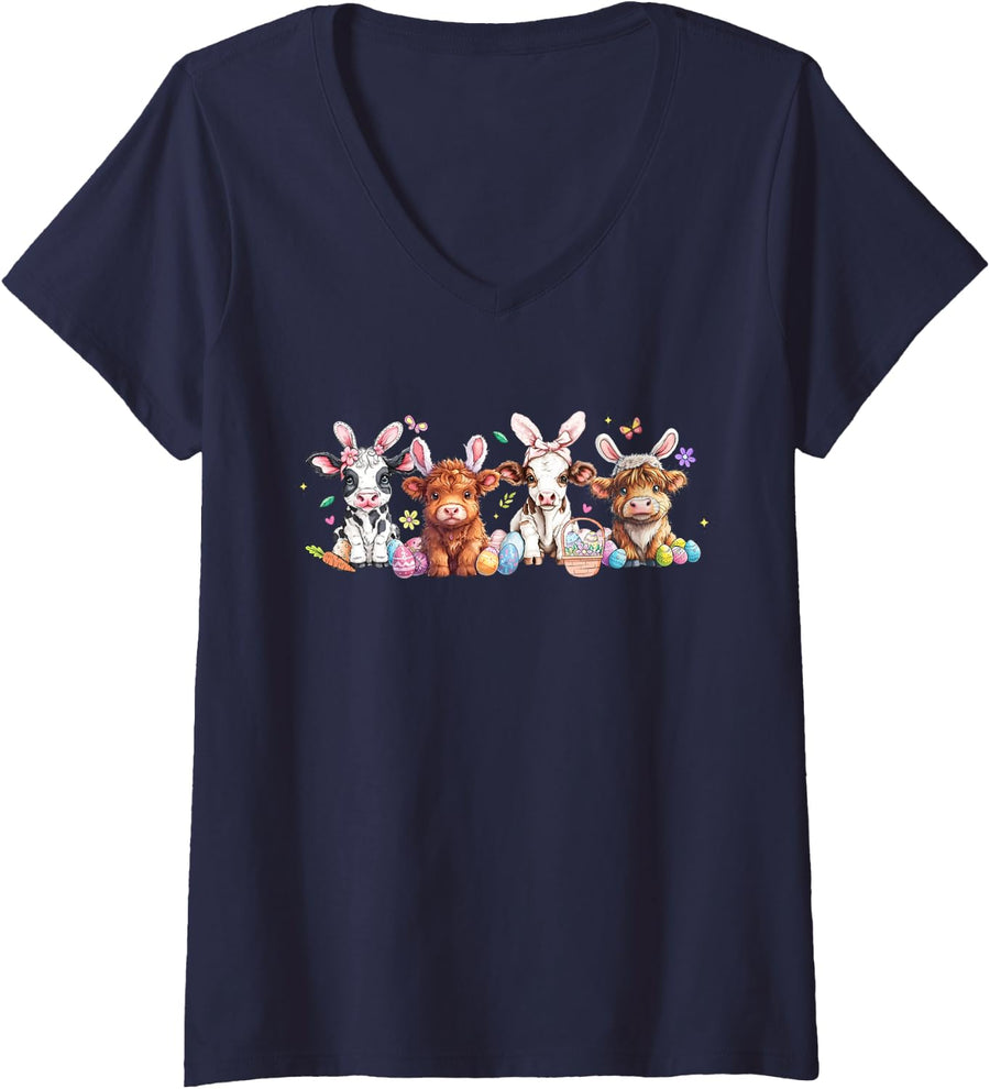 Women's Happy Easter Day Highland Cow Easter Egg Easter Retro V-Neck T-Shirt - Navy Blue