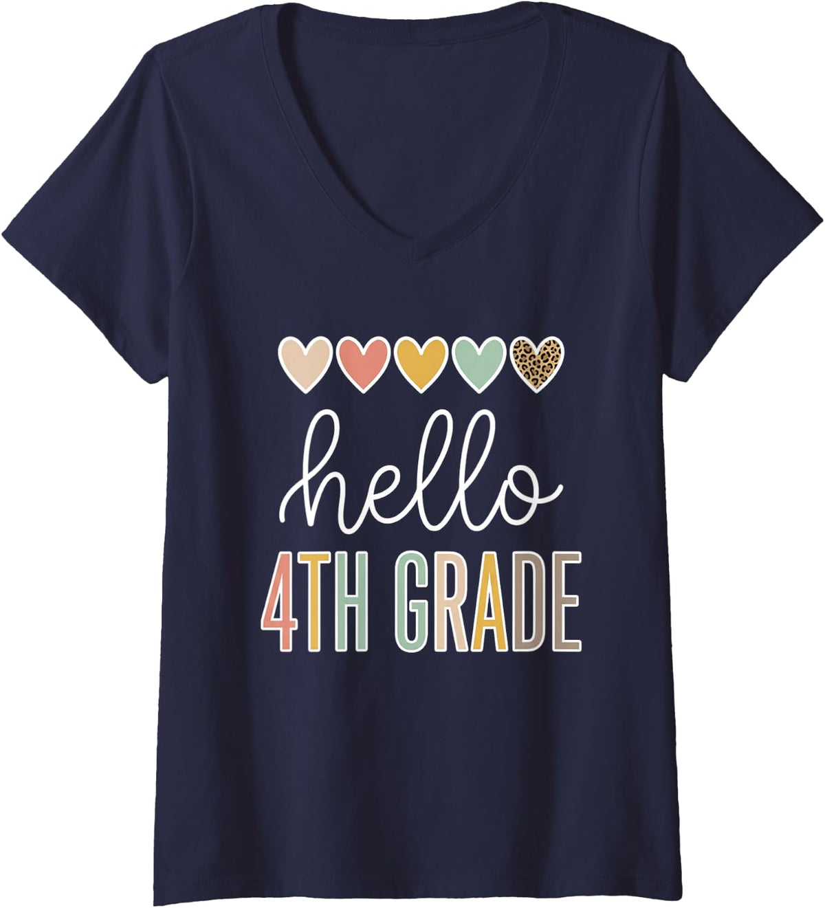 Women's Hello 4TH Grade Teacher Elementary School Boho Hearts V-Neck T-Shirt - Navy Blue