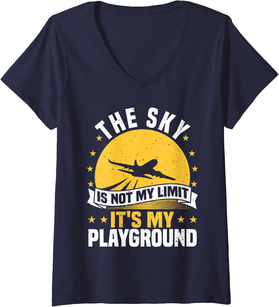 Women's Funny Airplane Pilot Design for Men Women V-Neck T-Shirt - Navy Blue