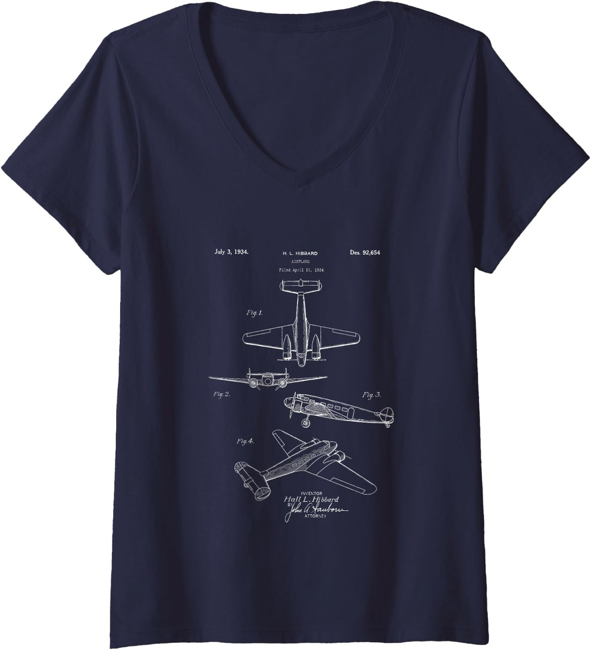 Women's Vintage Airplane Patent Aviation Pilot Aircraft Blueprint V-Neck T-Shirt - Navy Blue