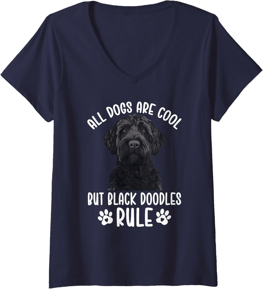 Womens Black Doodles Rule Black Goldendoodle Owner Black Doodle Mom V-Neck T-Shirt - Navy Blue