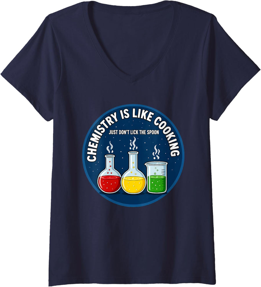 Women's Funny Chemistry Like Cooking Saying Sarcastic V-Neck T-Shirt - Navy Blue