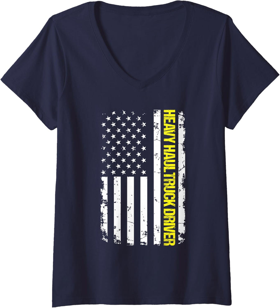 Women's Heavy Haul Truck Driver USA Flag V-Neck T-Shirt - Navy Blue
