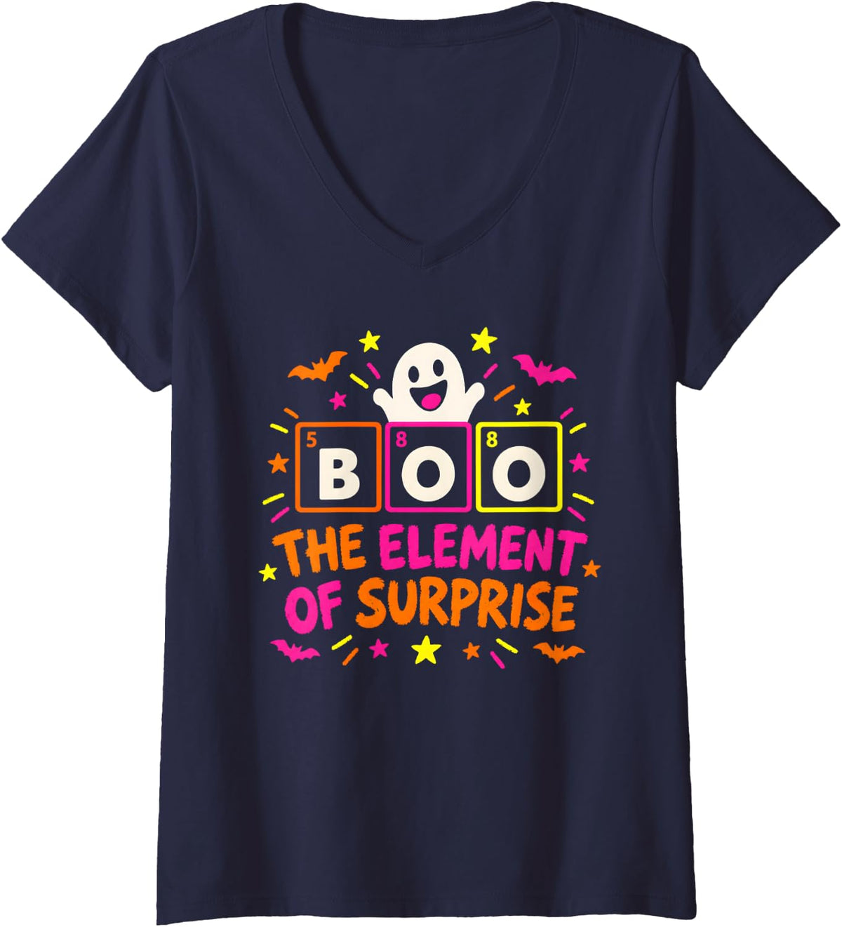 Women's The Element of Surprise Boo Science Chemistry Halloween V-Neck T-Shirt - Navy Blue