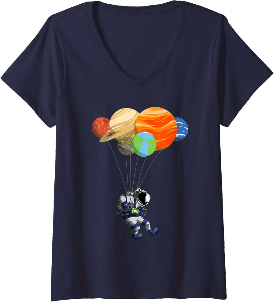 Women's Astronaut Solar System Planets Astronomy Astronaut Balloon V-Neck T-Shirt - Navy Blue