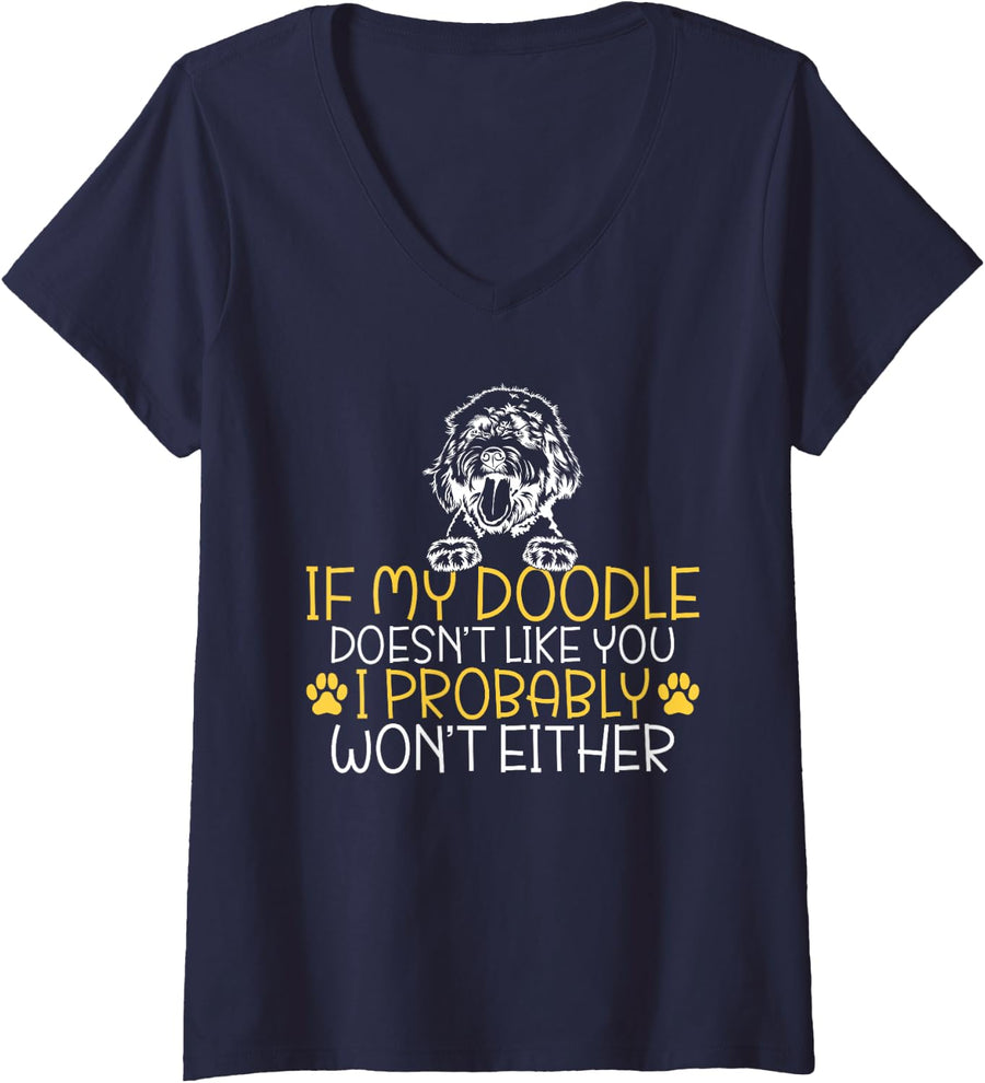 Womens If my Doodle doesnt like you i wont either Golden Doodle V-Neck T-Shirt - Navy Blue