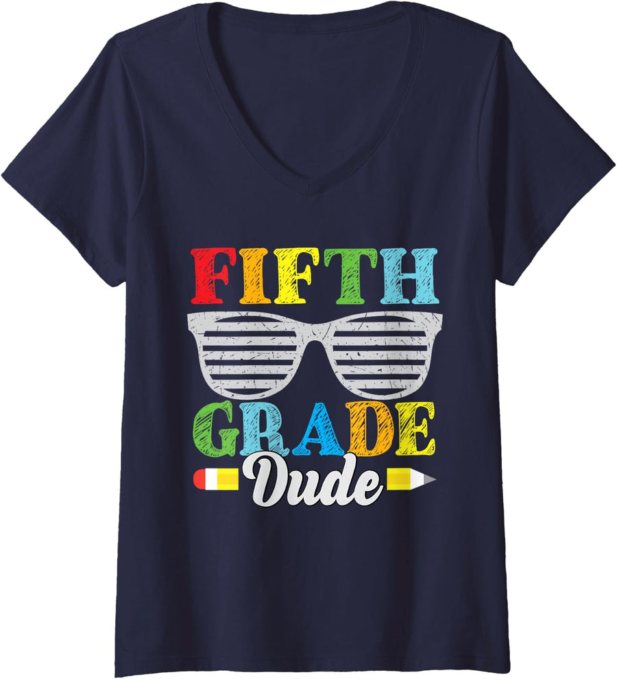 Women's Fifth Grade Dude Funny Back to School Kids Toddlers V-Neck T-Shirt - Navy Blue