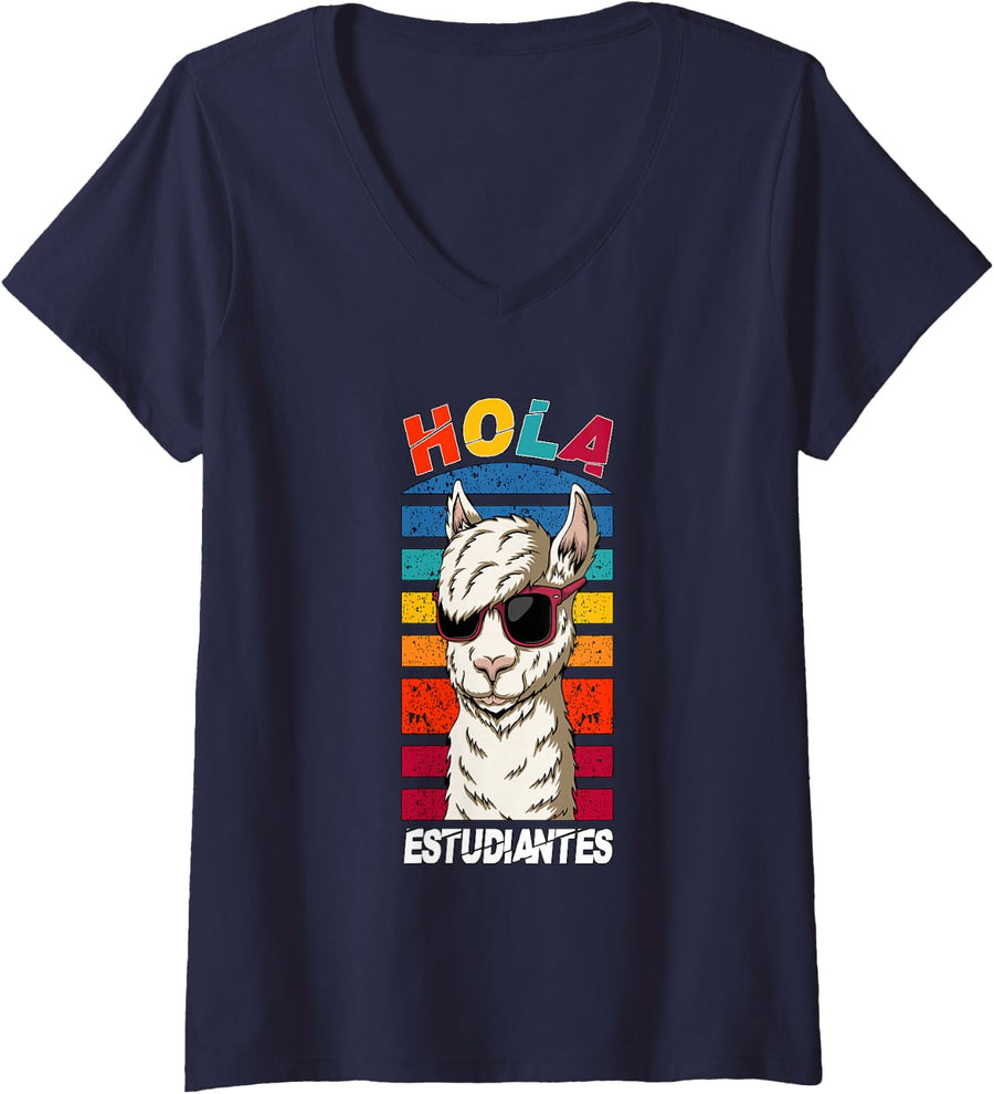 Women's Spain Spanish Teacher Hola Estudiantes V-Neck T-Shirt - Navy Blue