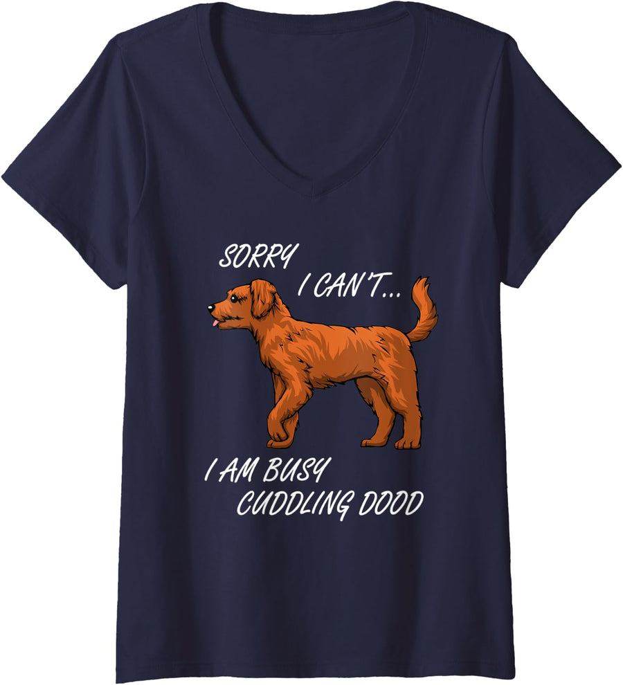 Womens Cuddling my Golden Doodle Dog Puppy V-Neck T-Shirt - Navy Blue