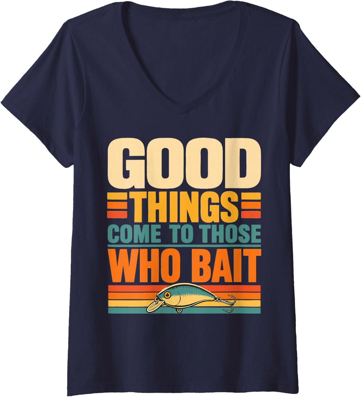 Women's River Fishing Bait Freshwater Angler Fisherman V-Neck T-Shirt - Navy Blue