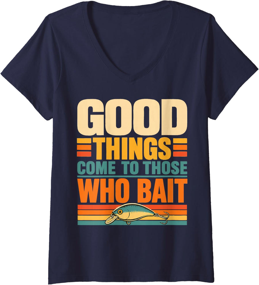 Women's River Fishing Bait Freshwater Angler Fisherman V-Neck T-Shirt - Navy Blue