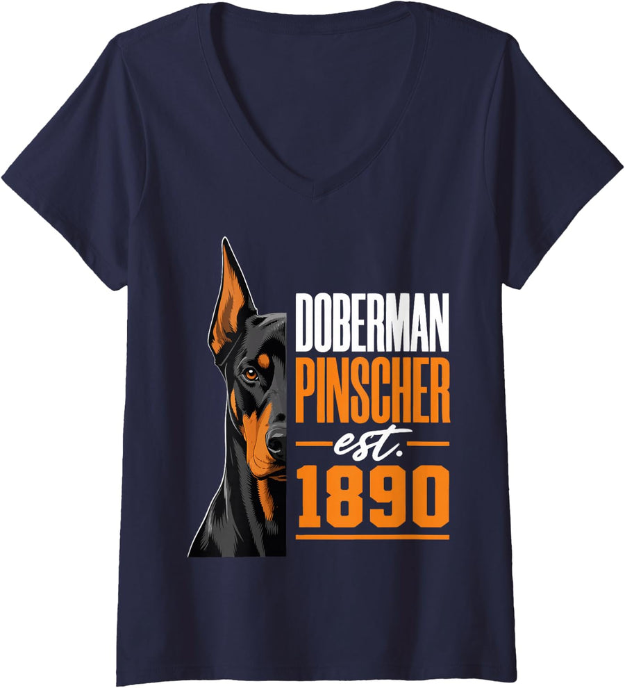 Women's Doberman Pinscher Lover V-Neck T-Shirt - Navy Blue